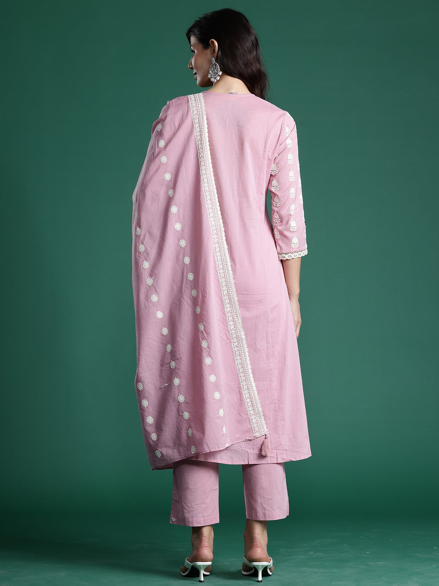 Indo Era Pink Embroidered A-Line Kurta Trousers With Dupatta set | Grocsy