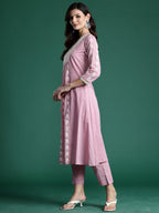 Indo Era Pink Embroidered A-Line Kurta Trousers With Dupatta set | Grocsy
