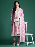 Indo Era Pink Embroidered A-Line Kurta Trousers With Dupatta set | Grocsy