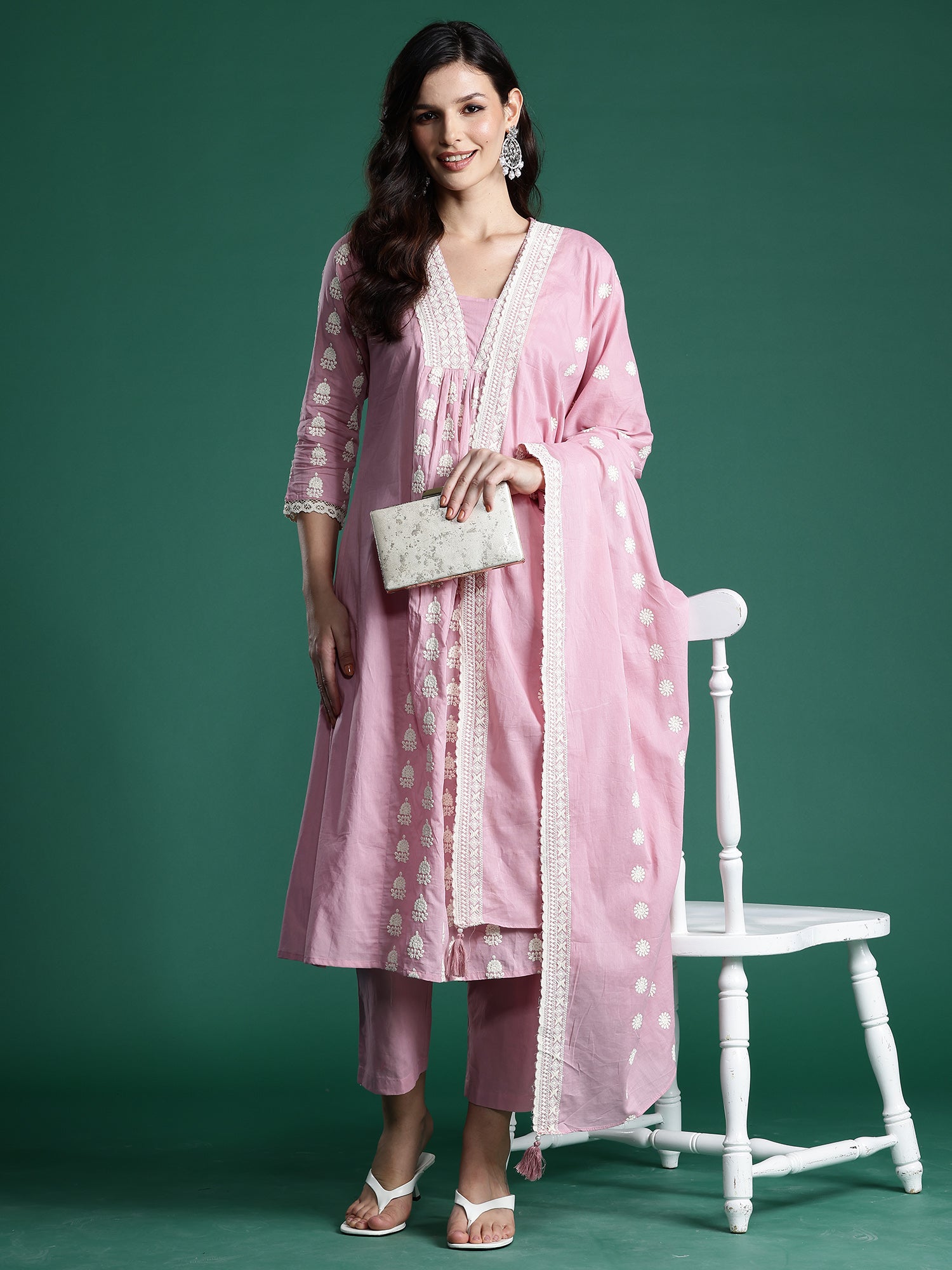 Indo Era Pink Embroidered A-Line Kurta Trousers With Dupatta set | Grocsy