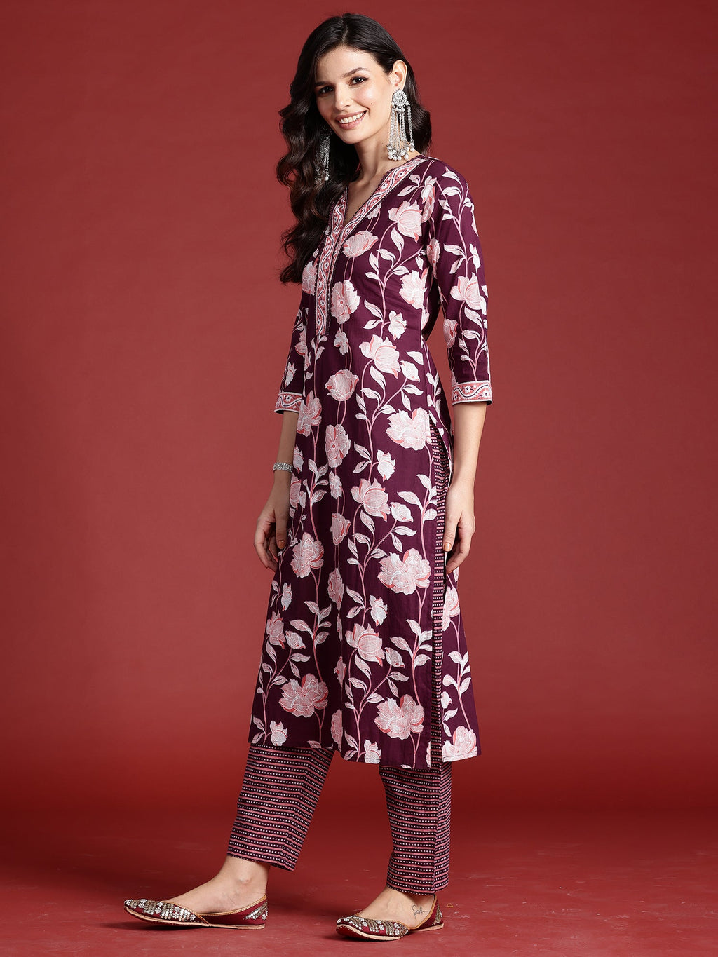Indo Era Burgundy Printed Straight Kurta Trousers With Dupatta set | Grocsy