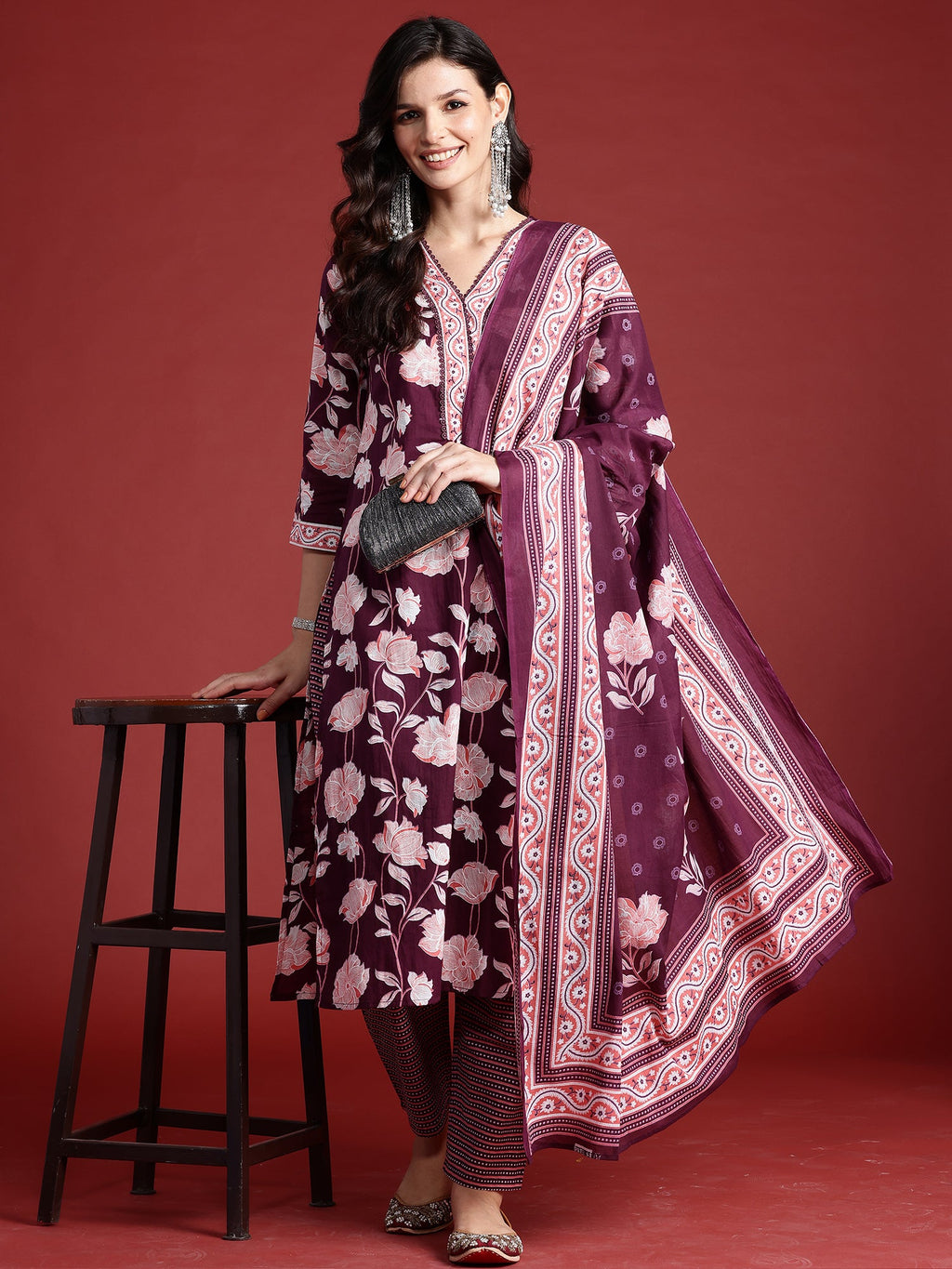 Indo Era Burgundy Printed Straight Kurta Trousers With Dupatta set | Grocsy