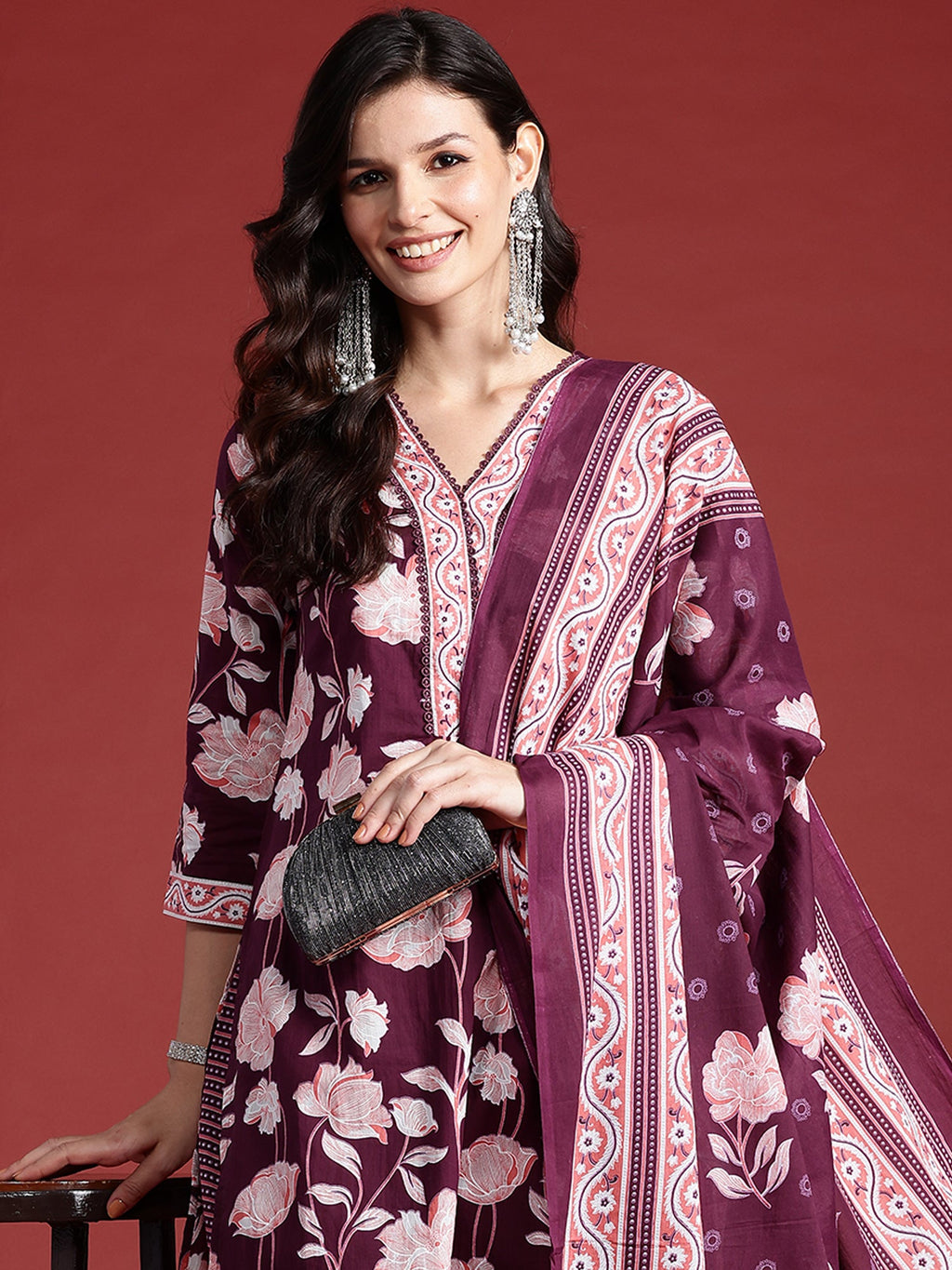 Indo Era Burgundy Printed Straight Kurta Trousers With Dupatta set | Grocsy