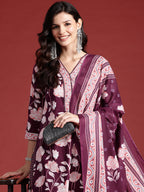 Indo Era Burgundy Printed Straight Kurta Trousers With Dupatta set | Grocsy