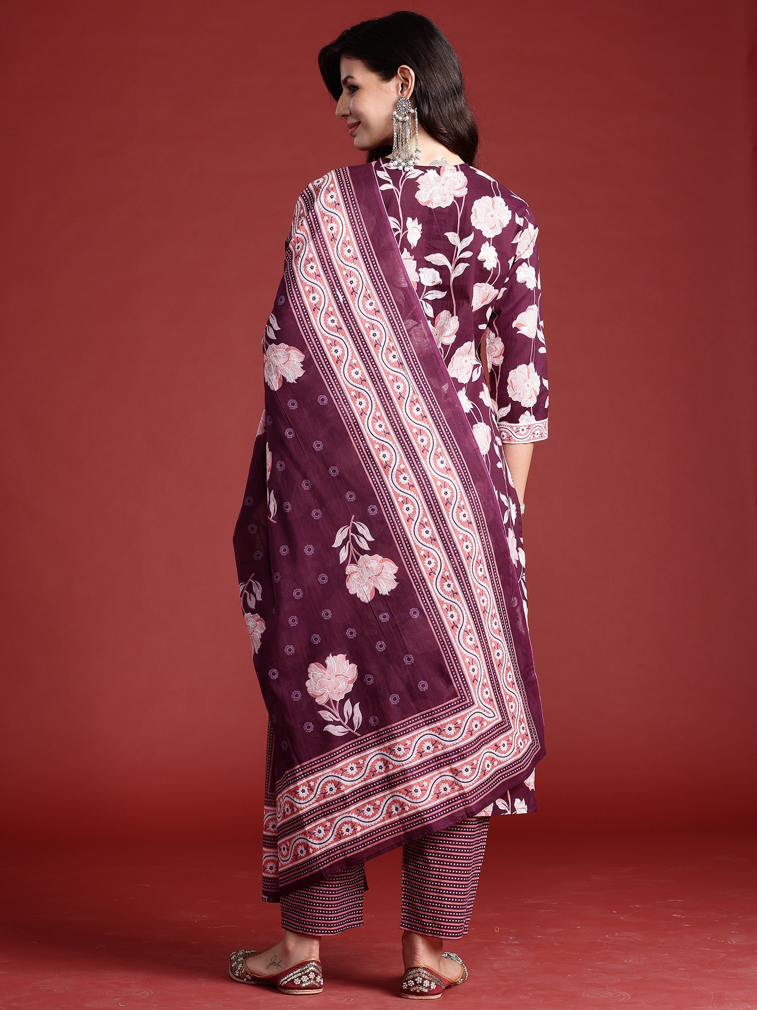 Indo Era Burgundy Printed Straight Kurta Trousers With Dupatta set | Grocsy