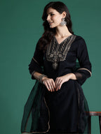 Indo Era Black Embroidered Straight Kurta Sharara With Dupatta Set | Grocsy