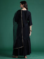 Indo Era Black Embroidered Straight Kurta Sharara With Dupatta Set | Grocsy