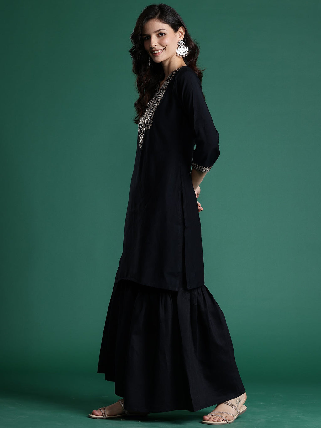 Indo Era Black Embroidered Straight Kurta Sharara With Dupatta Set | Grocsy