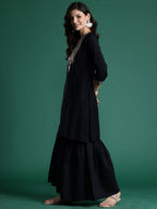 Indo Era Black Embroidered Straight Kurta Sharara With Dupatta Set | Grocsy