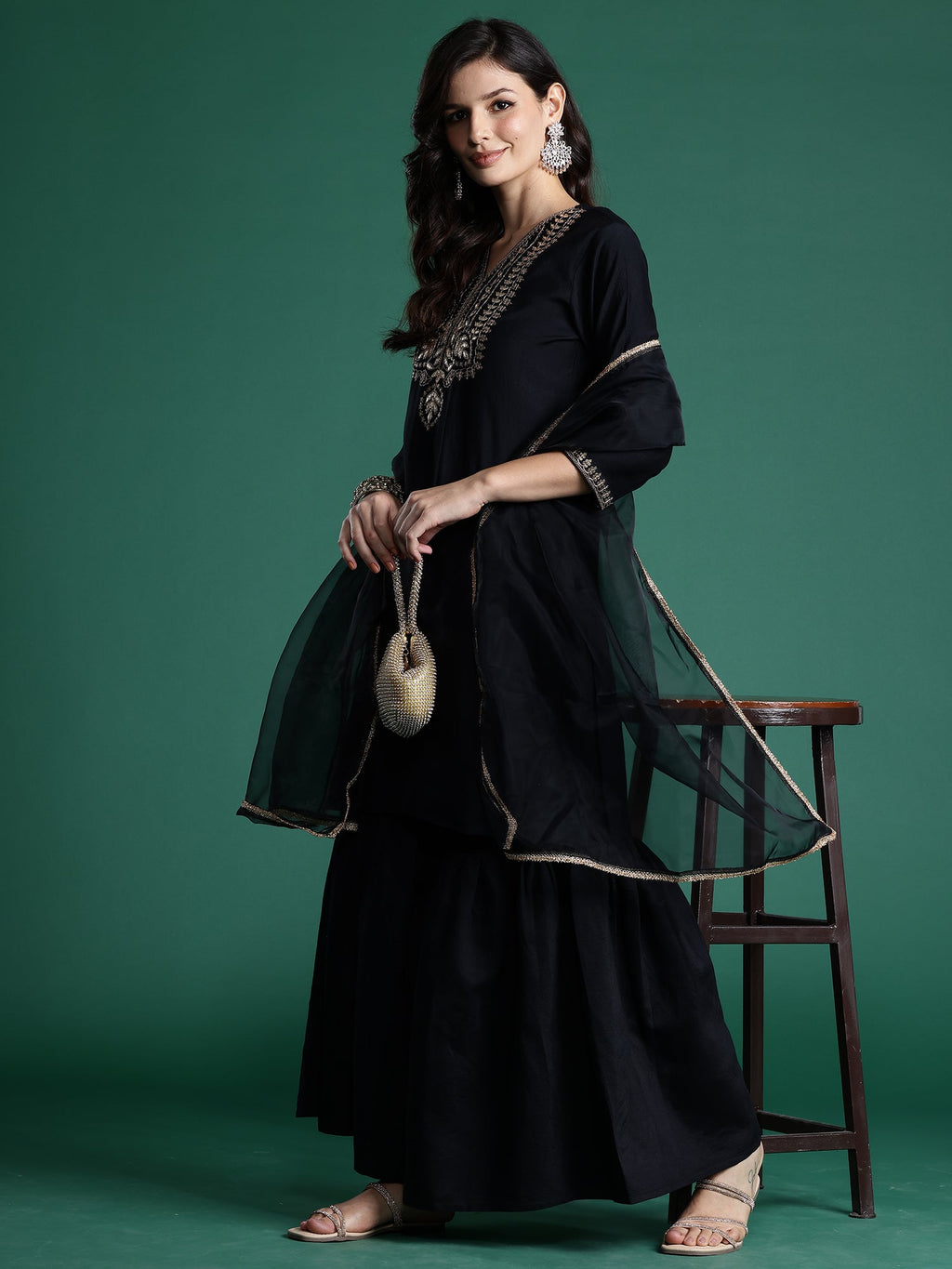 Indo Era Black Embroidered Straight Kurta Sharara With Dupatta Set | Grocsy