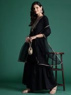 Indo Era Black Embroidered Straight Kurta Sharara With Dupatta Set | Grocsy