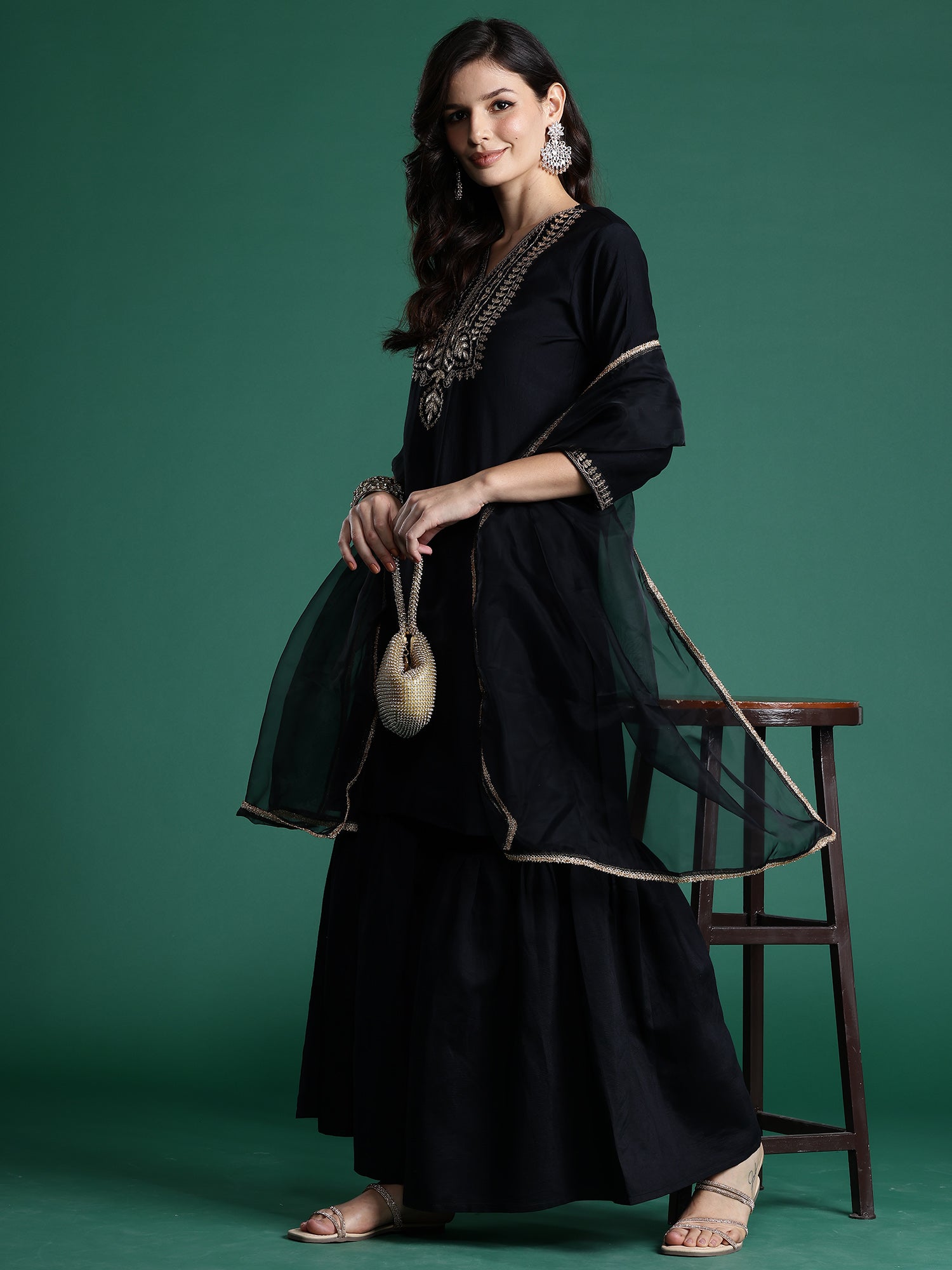 Indo Era Black Embroidered Straight Kurta Sharara With Dupatta Set | Grocsy