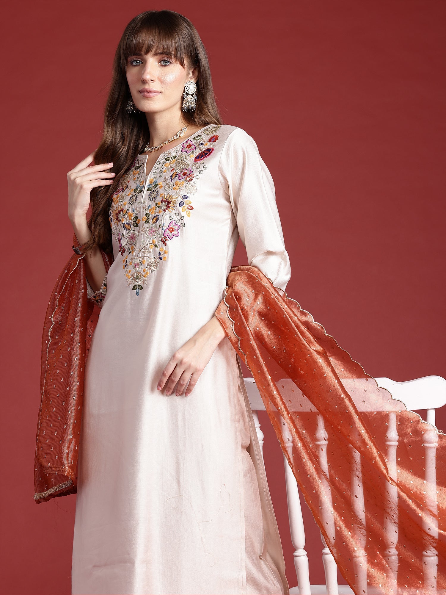 Indo Era Off White Embroidered Straight Kurta Trousers With Dupatta Set | Grocsy