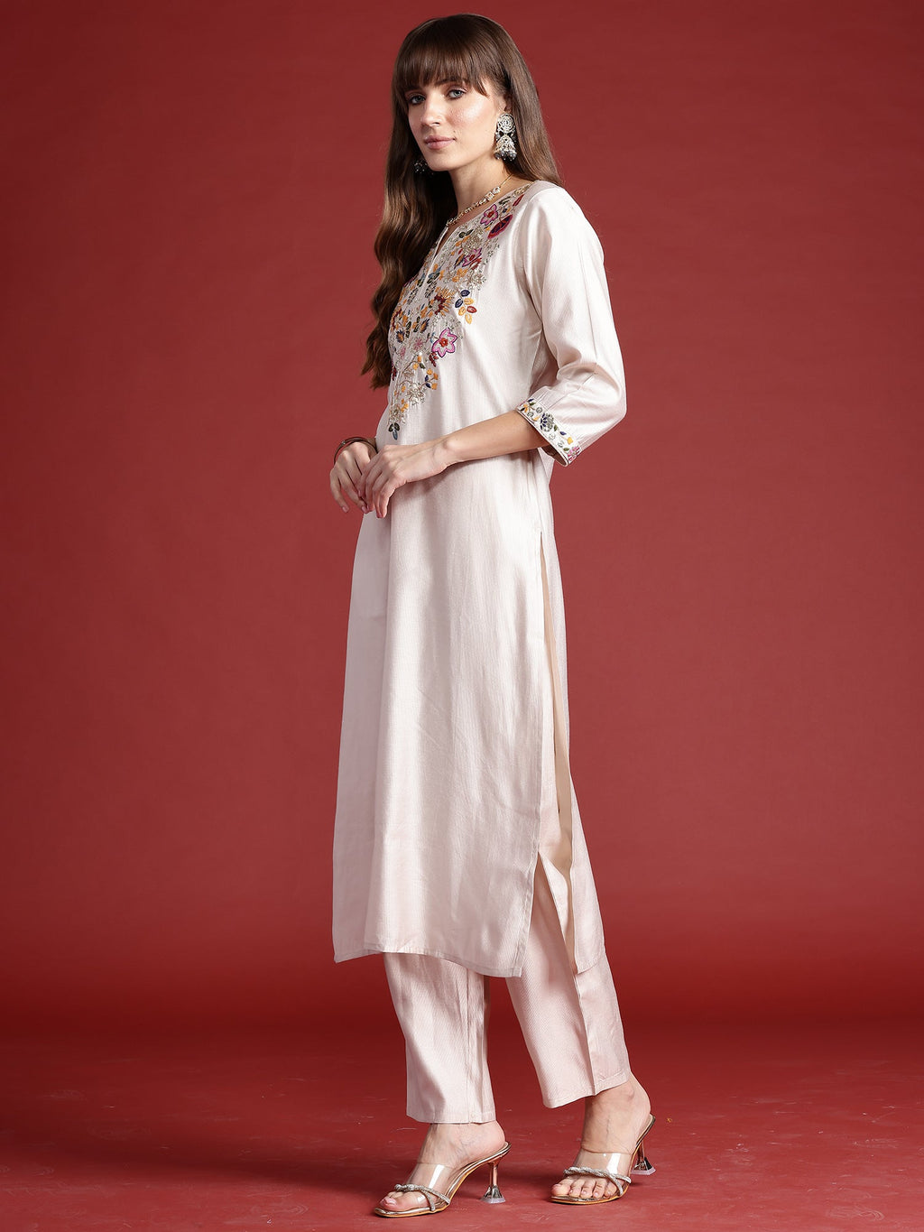 Indo Era Off White Embroidered Straight Kurta Trousers With Dupatta Set | Grocsy