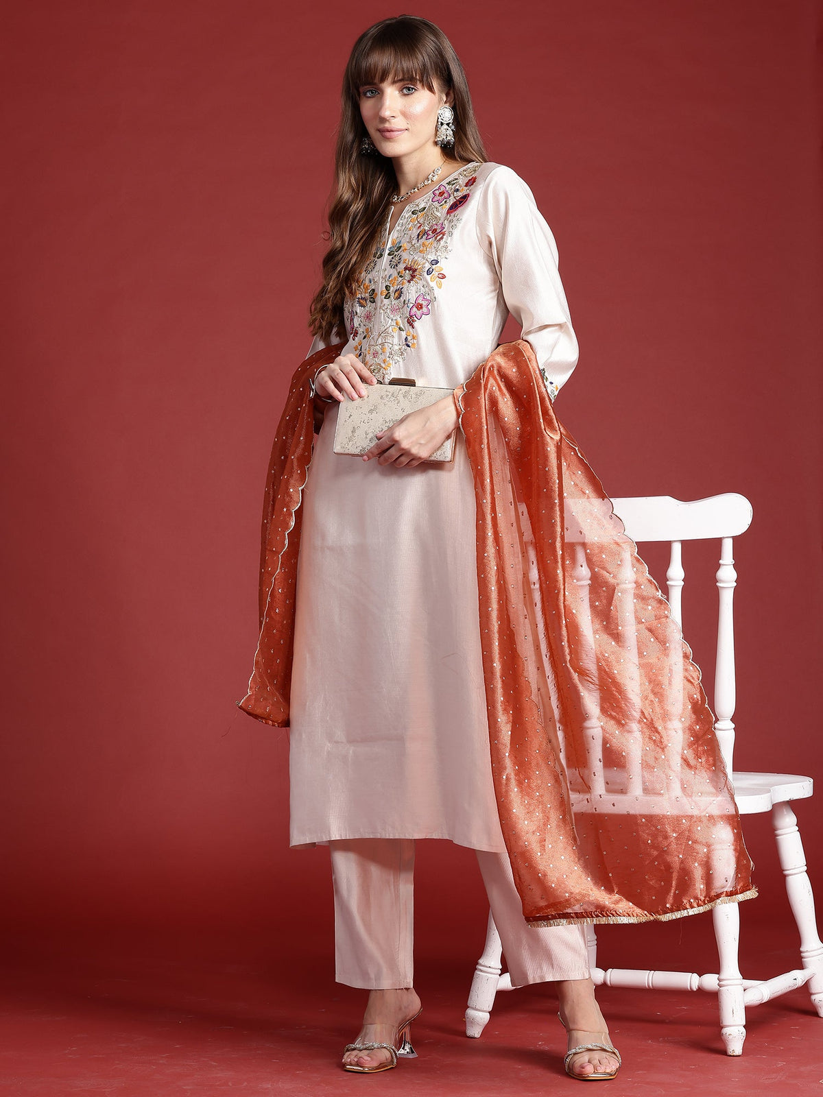 Indo Era Off White Embroidered Straight Kurta Trousers With Dupatta Set | Grocsy