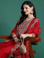 Indo Era Red Embroidered Straight Kurta Trousers With Dupatta set | Grocsy