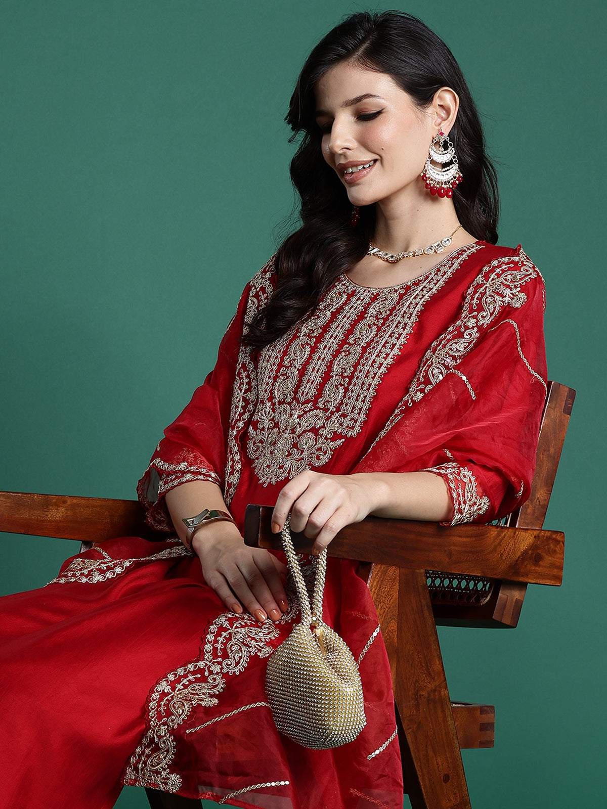 Indo Era Red Embroidered Straight Kurta Trousers With Dupatta set | Grocsy