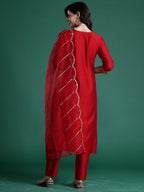 Indo Era Red Embroidered Straight Kurta Trousers With Dupatta set | Grocsy