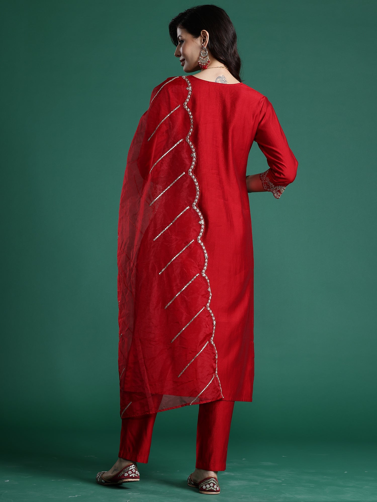 Indo Era Red Embroidered Straight Kurta Trousers With Dupatta set | Grocsy
