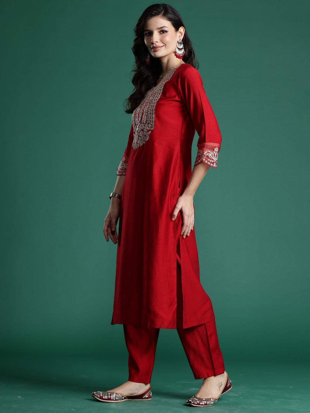 Indo Era Red Embroidered Straight Kurta Trousers With Dupatta set | Grocsy