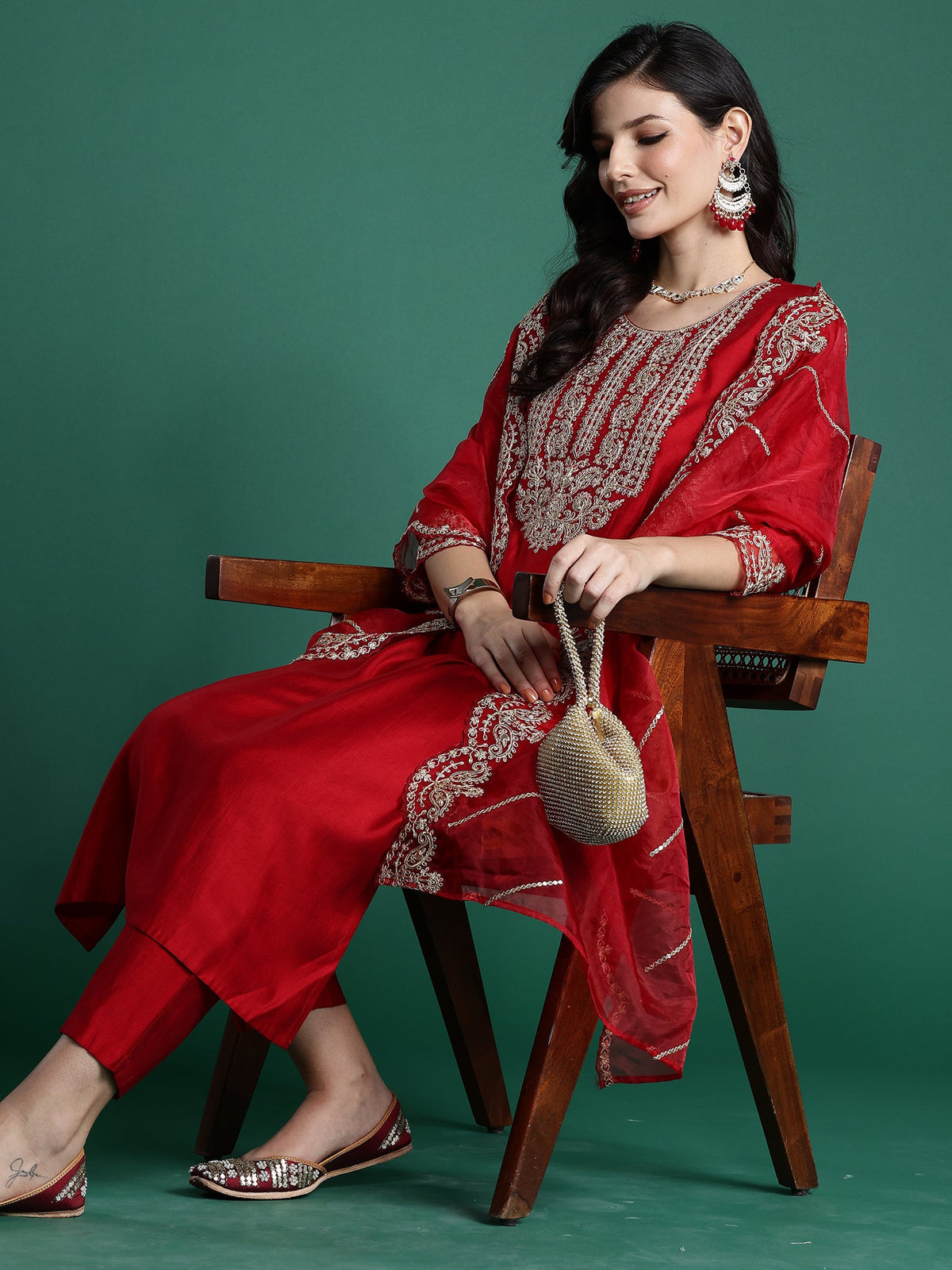 Indo Era Red Embroidered Straight Kurta Trousers With Dupatta set | Grocsy
