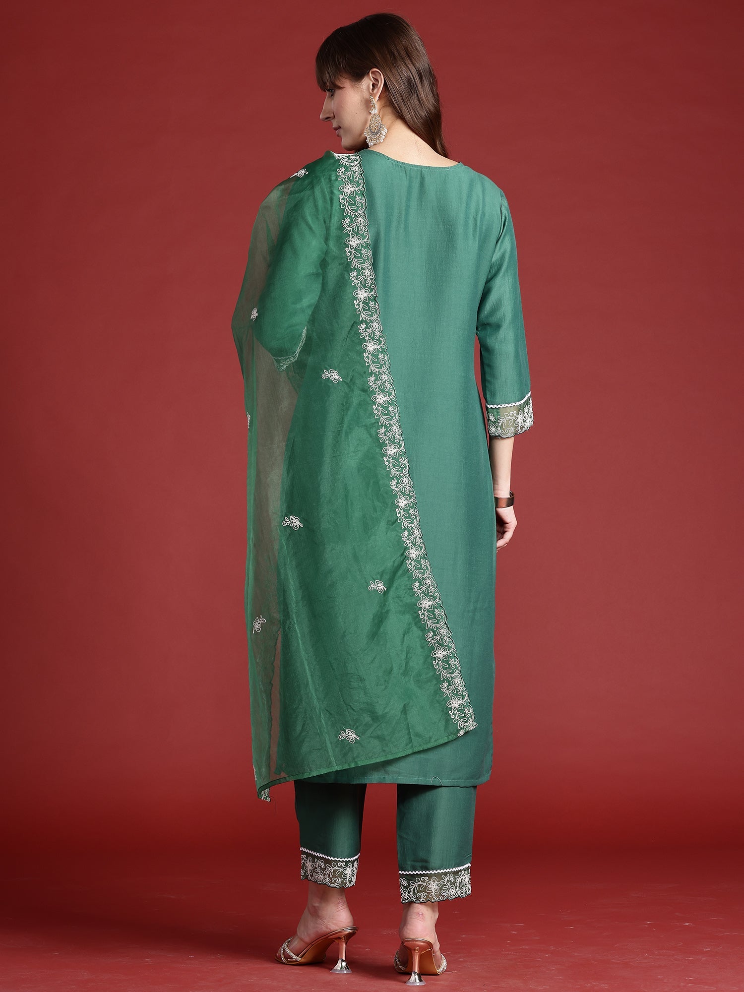 Indo Era Green Embroidered Straight Kurta Trousers With Dupatta set | Grocsy