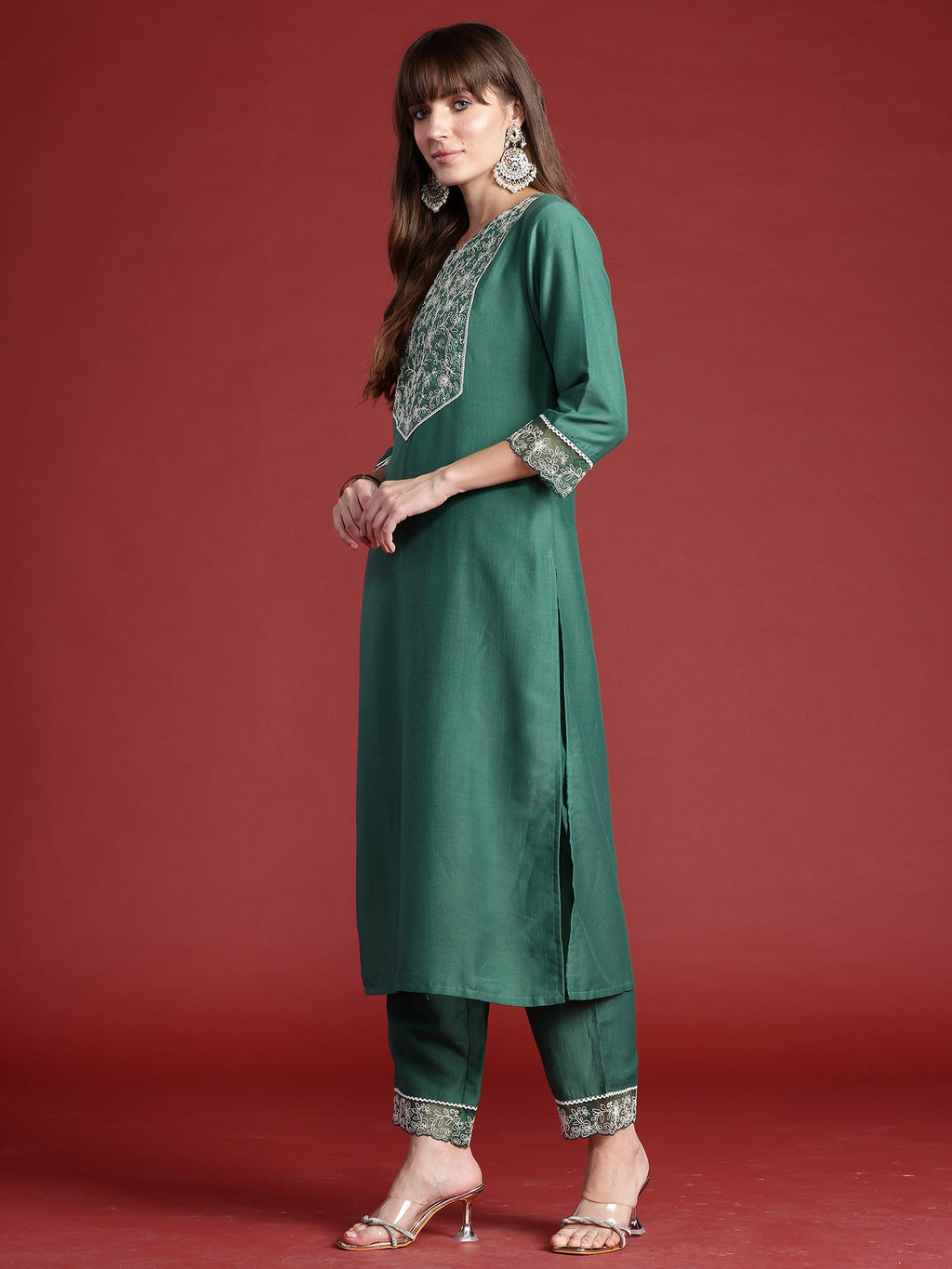 Indo Era Green Embroidered Straight Kurta Trousers With Dupatta set | Grocsy