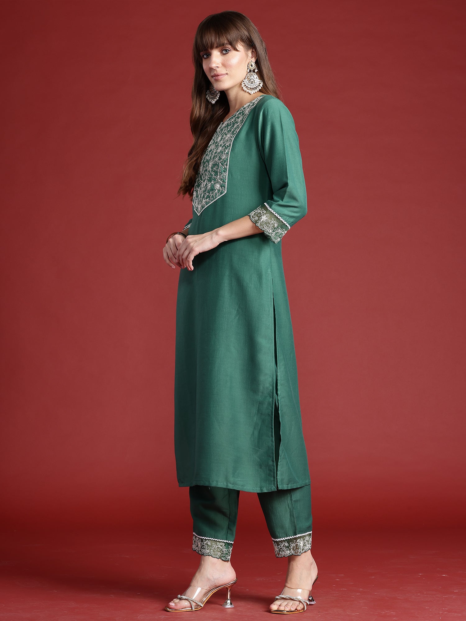 Indo Era Green Embroidered Straight Kurta Trousers With Dupatta set | Grocsy
