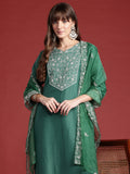 Indo Era Green Embroidered Straight Kurta Trousers With Dupatta set | Grocsy