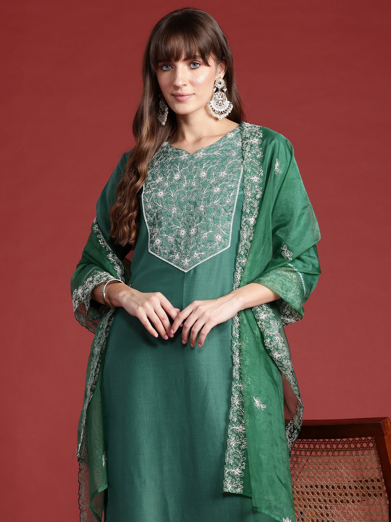 Indo Era Green Embroidered Straight Kurta Trousers With Dupatta set | Grocsy