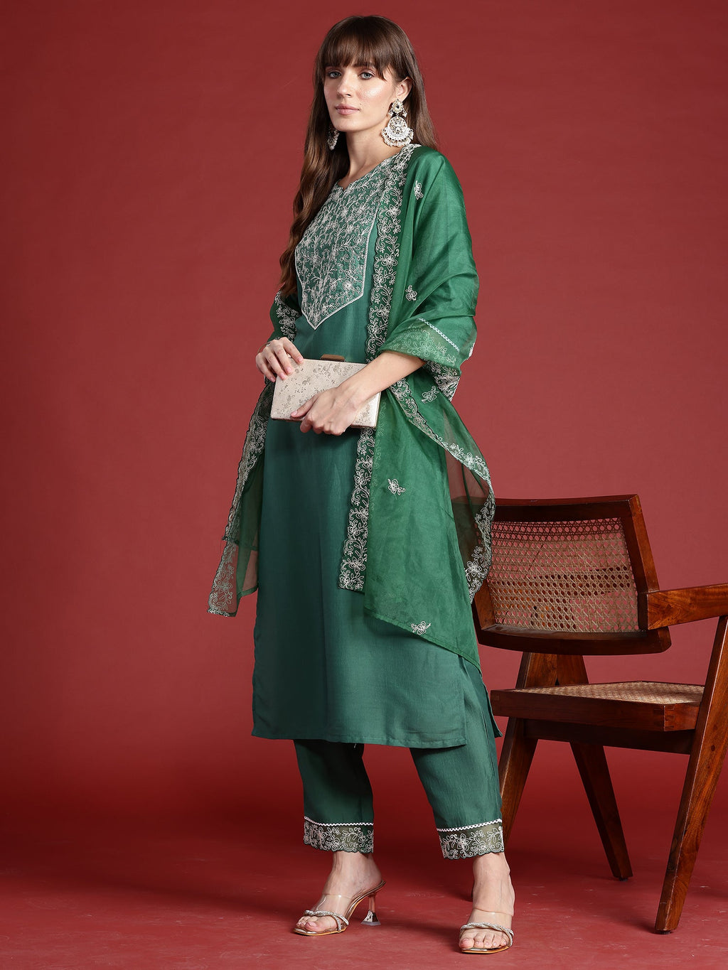 Indo Era Green Embroidered Straight Kurta Trousers With Dupatta set | Grocsy