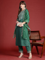 Indo Era Green Embroidered Straight Kurta Trousers With Dupatta set | Grocsy