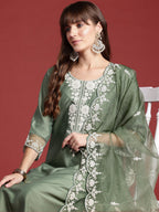 Indo Era Green Embroidered Straight Kurta Trousers With Dupatta set | Grocsy