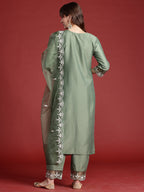 Indo Era Green Embroidered Straight Kurta Trousers With Dupatta set | Grocsy