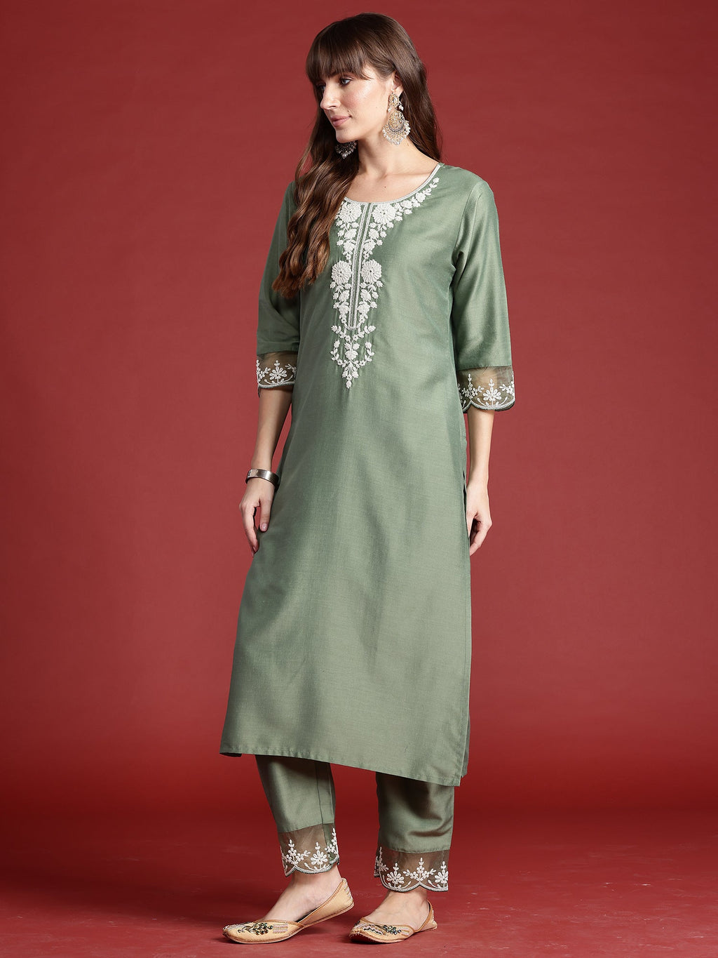 Indo Era Green Embroidered Straight Kurta Trousers With Dupatta set | Grocsy