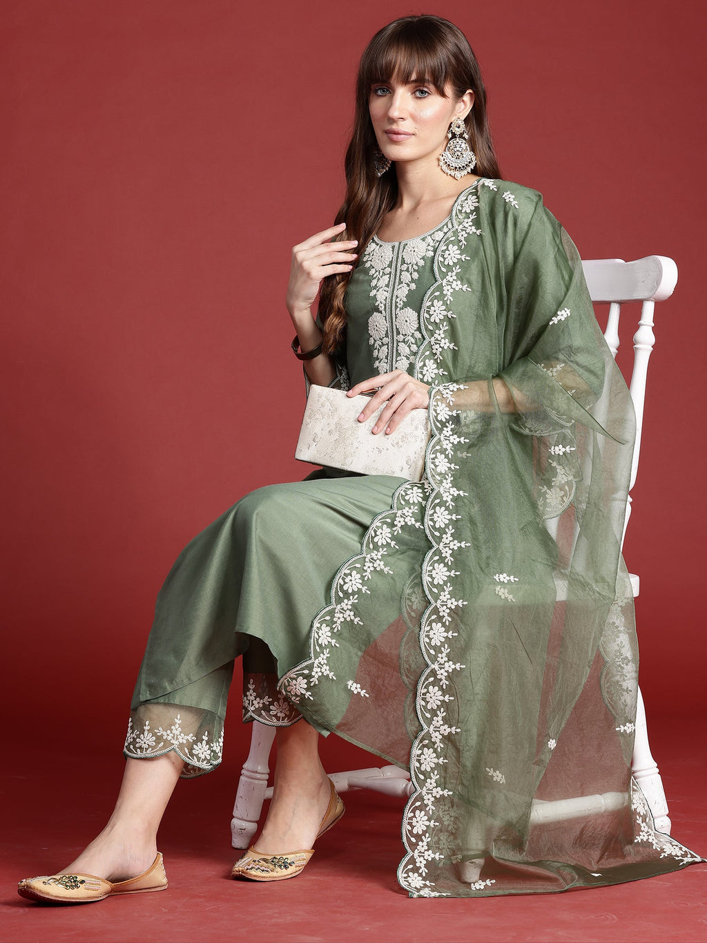 Indo Era Green Embroidered Straight Kurta Trousers With Dupatta set | Grocsy