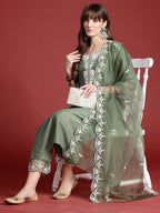 Indo Era Green Embroidered Straight Kurta Trousers With Dupatta set | Grocsy