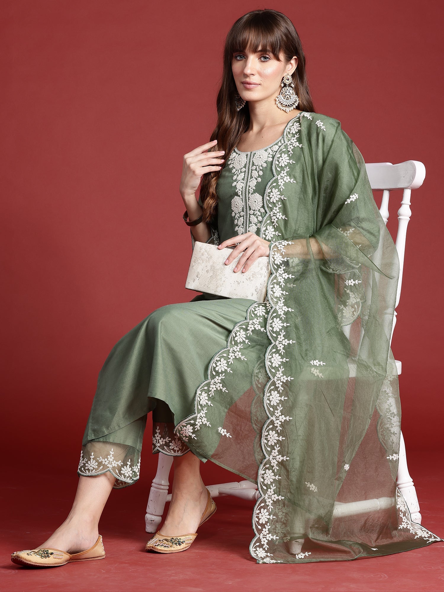 Indo Era Green Embroidered Straight Kurta Trousers With Dupatta set | Grocsy