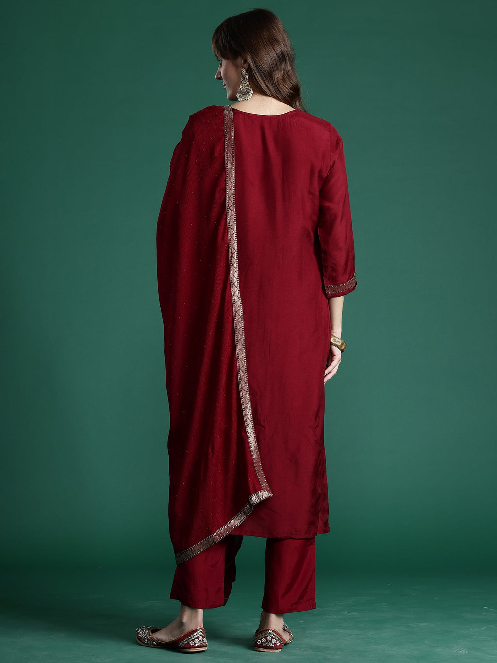 Indo Era Maroon Embroidered Straight Kurta Trousers With Dupatta set | Grocsy