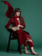 Indo Era Maroon Embroidered Straight Kurta Trousers With Dupatta set | Grocsy
