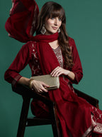 Indo Era Maroon Embroidered Straight Kurta Trousers With Dupatta set | Grocsy
