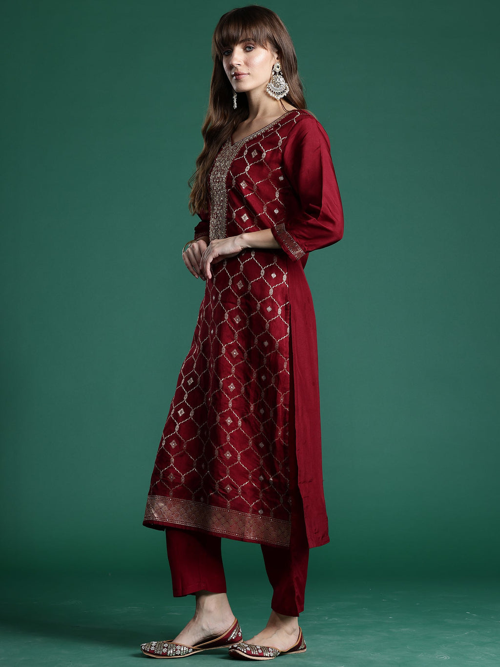 Indo Era Maroon Embroidered Straight Kurta Trousers With Dupatta set | Grocsy