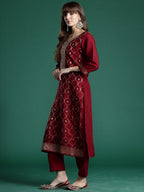 Indo Era Maroon Embroidered Straight Kurta Trousers With Dupatta set | Grocsy