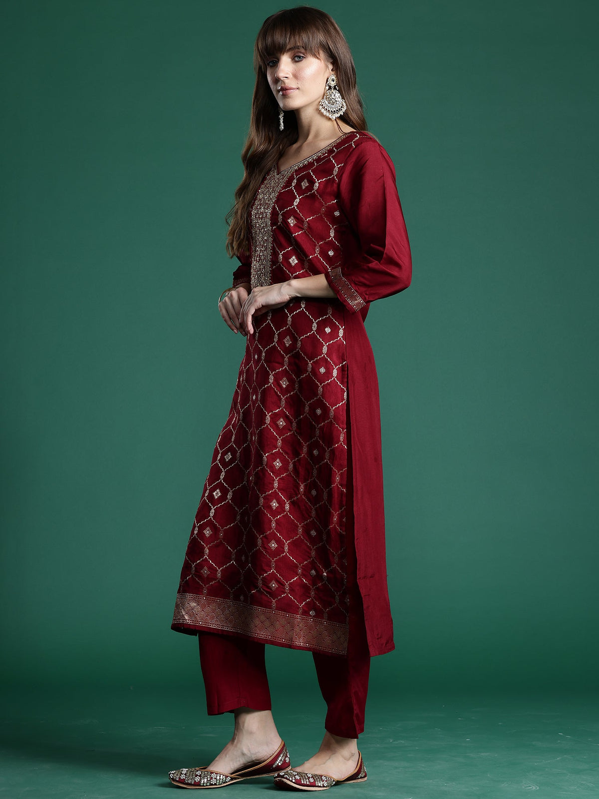 Indo Era Maroon Embroidered Straight Kurta Trousers With Dupatta set | Grocsy