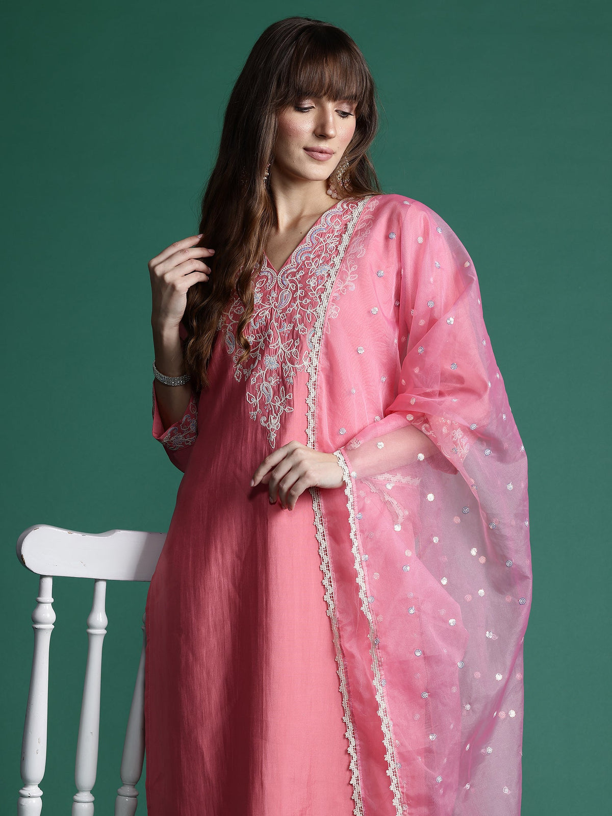 Indo Era Pink Embroidered Straight Kurta Trousers With Dupatta Set | Grocsy