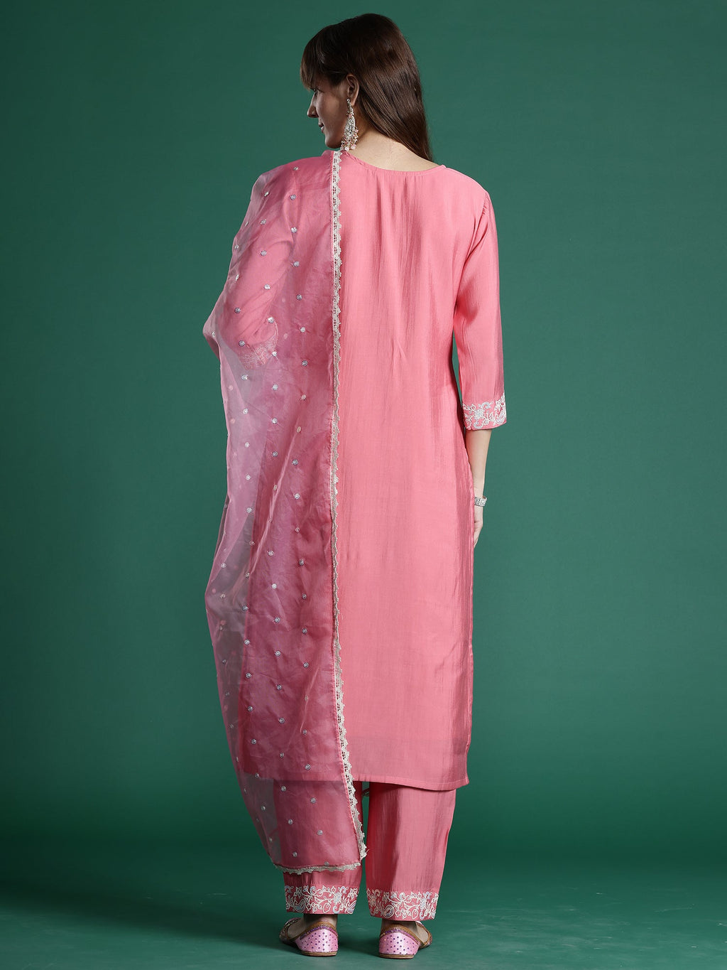 Indo Era Pink Embroidered Straight Kurta Trousers With Dupatta Set | Grocsy