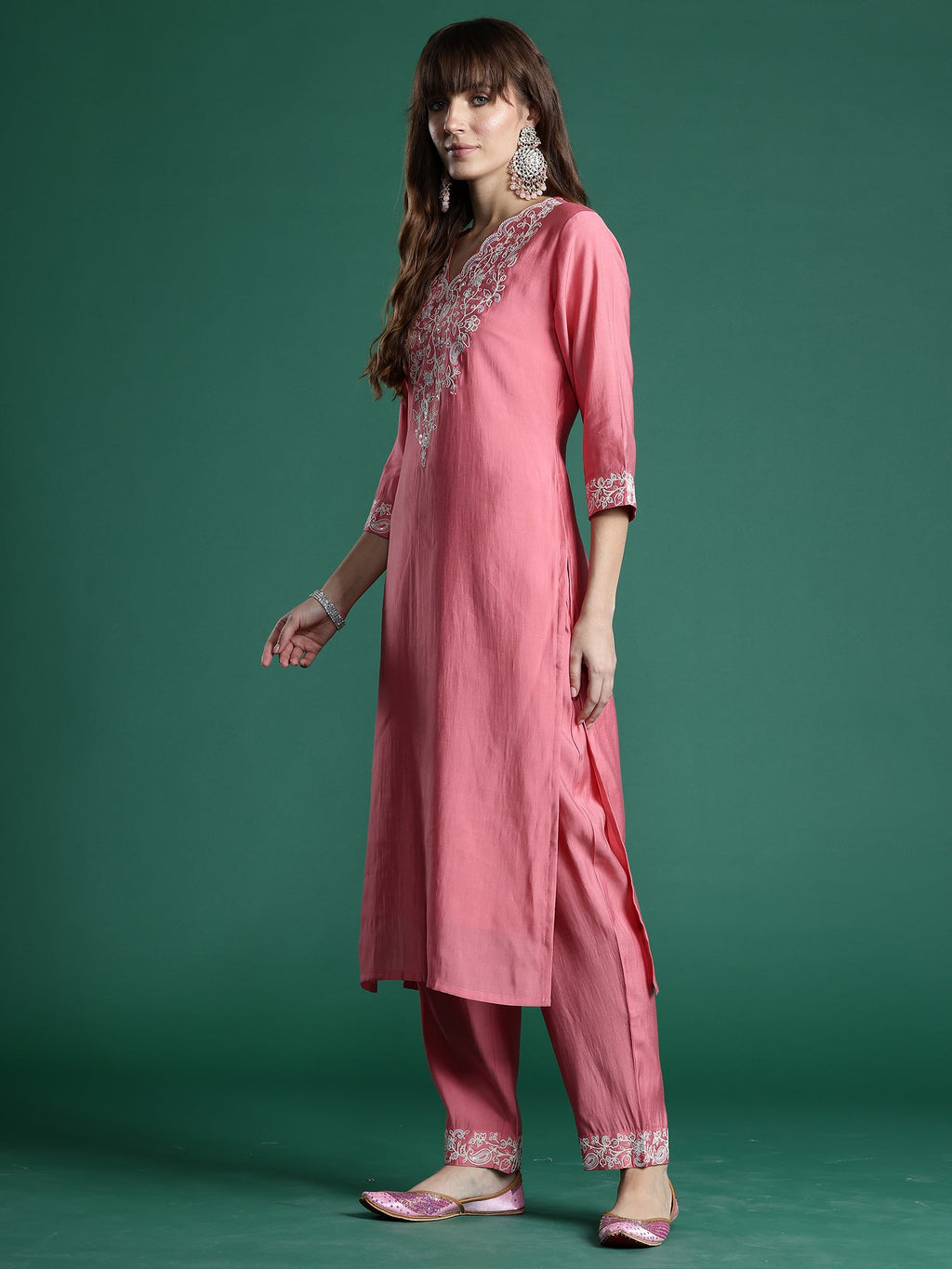 Indo Era Pink Embroidered Straight Kurta Trousers With Dupatta Set | Grocsy
