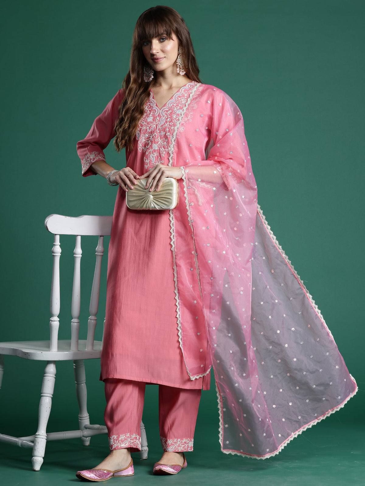 Indo Era Pink Embroidered Straight Kurta Trousers With Dupatta Set | Grocsy