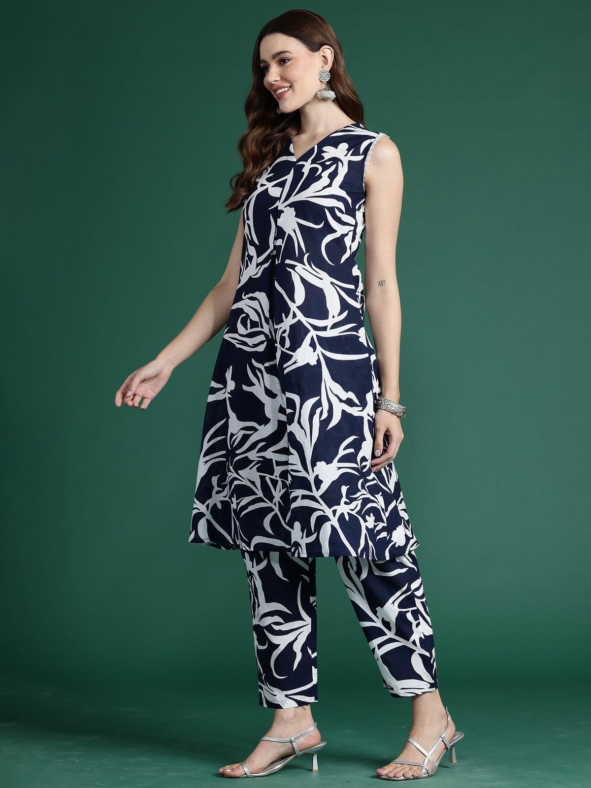 Indo Era Blue Printed A-Line Kurta Trousers set | Grocsy