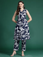 Indo Era Blue Printed A-Line Kurta Trousers set | Grocsy